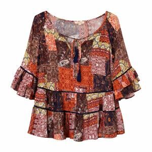 Oddy Blouse Womens Size M/L Multicolor Floral Paisley Patchwork Tassels Bohemian